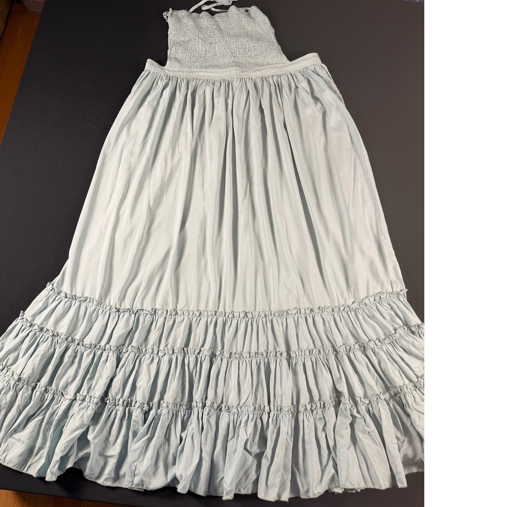 R.Vivimos Smocked Tiered Ruffle Maxi Dress Light Blue M Boho Goddess Flowerchild